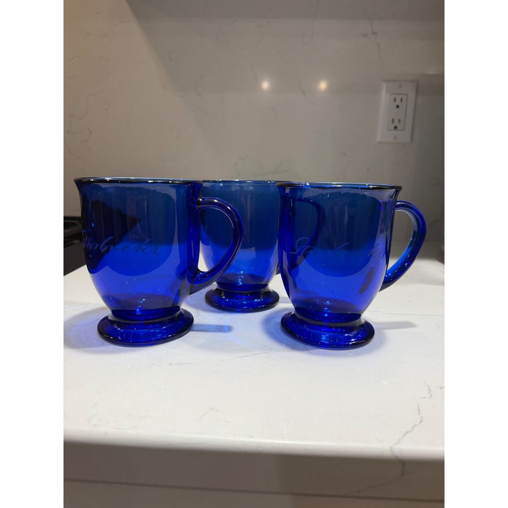 Cobalt Blue Glass Mugs Anchor Hocking Footed Pedestal Set of 3 (2 are Starbucks)